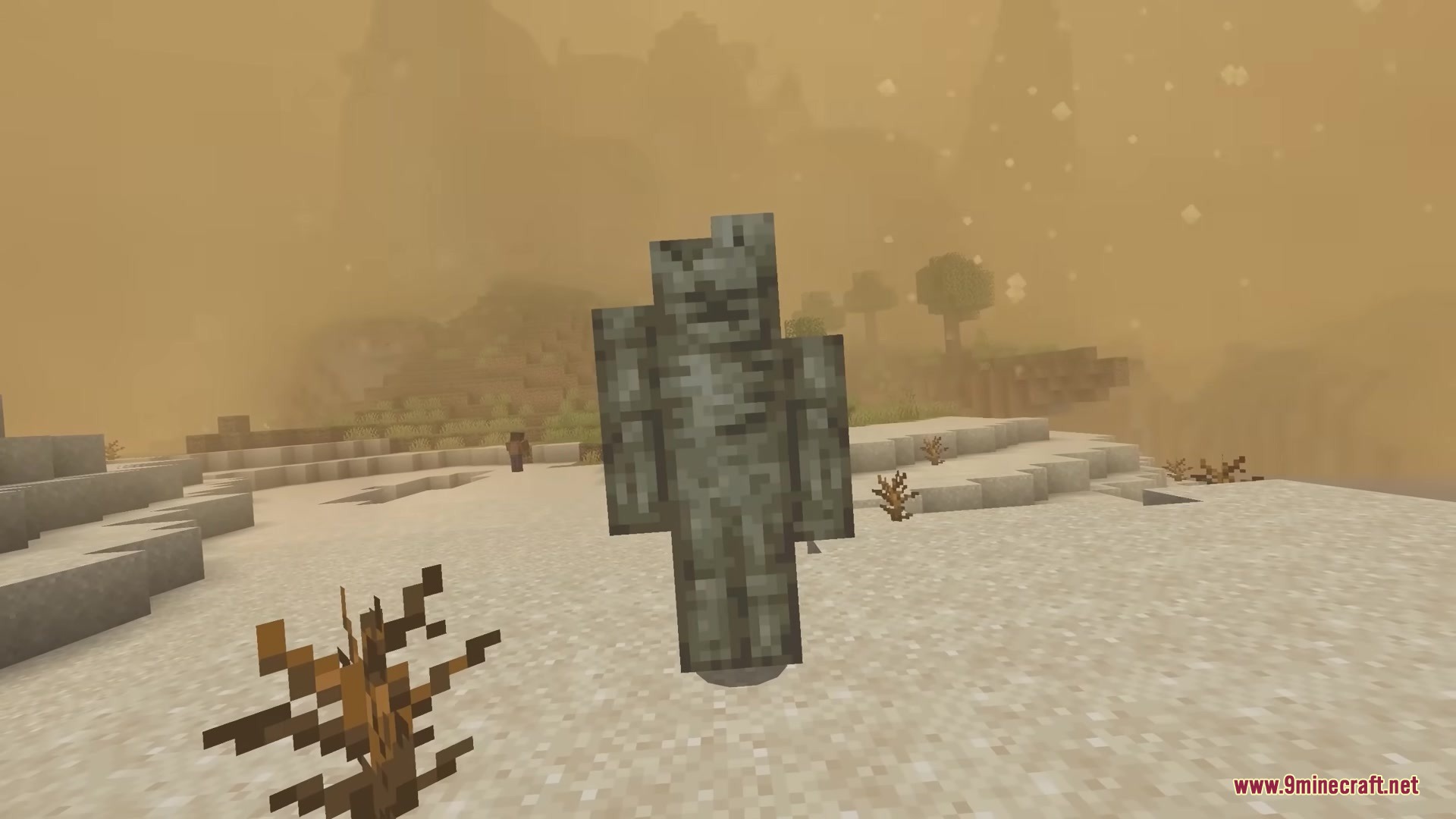 Front view of a fossilized mob standing in a dusty desert