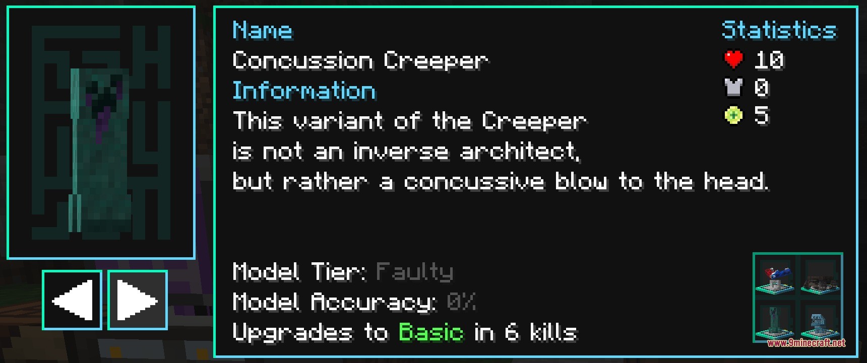 Hostile Neural Networks Extra Data Models Data Pack (1.21.1, 1.20.1) 3 A digital interface showing statistics and lore for the concussion creeper model