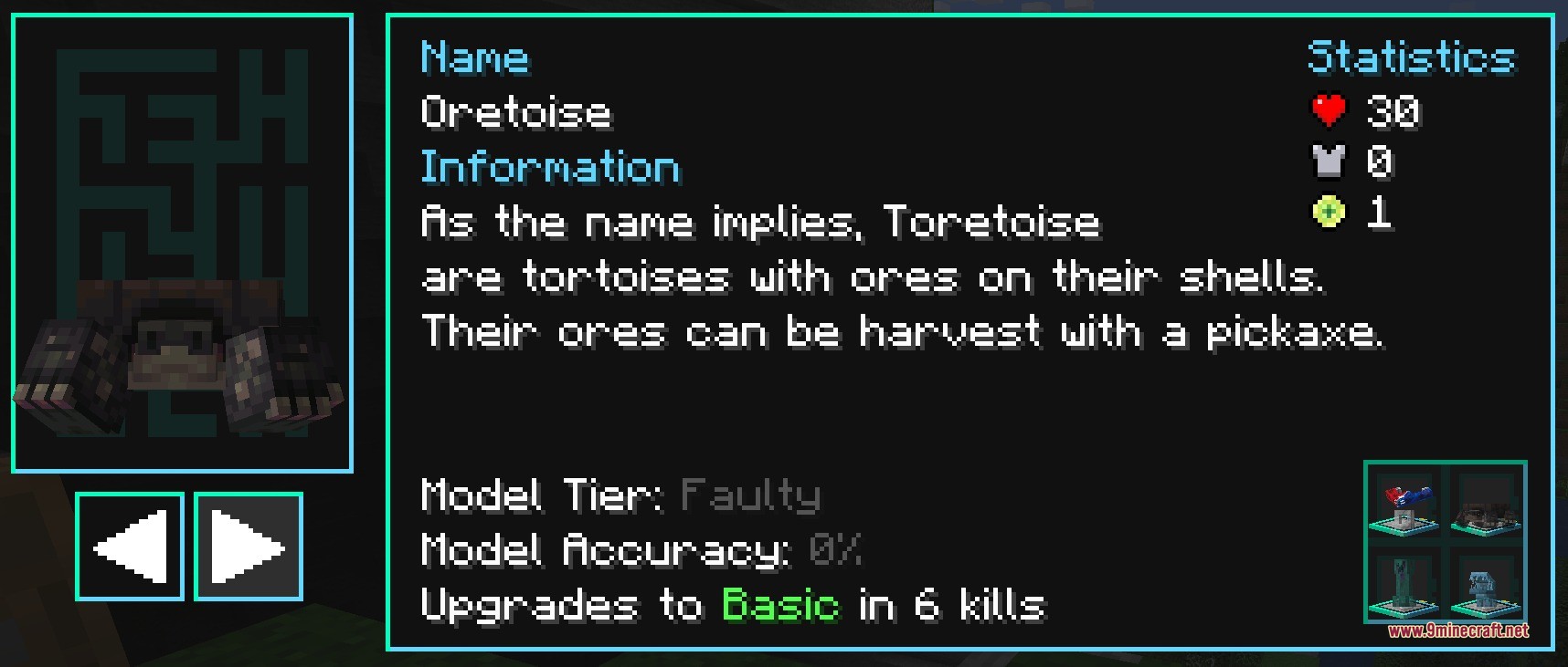 Hostile Neural Networks Extra Data Models Data Pack (1.21.1, 1.20.1) 4 Minecraft interface displaying statistics and information for the oretoise mob model