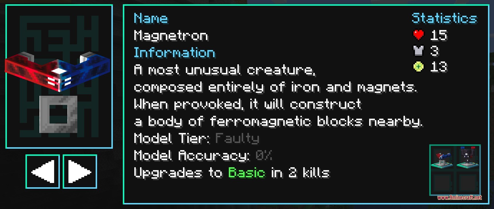 Hostile Neural Networks Extra Data Models Data Pack (1.21.1, 1.20.1) 5 A detailed information screen for the magnetron mob showing its statistics