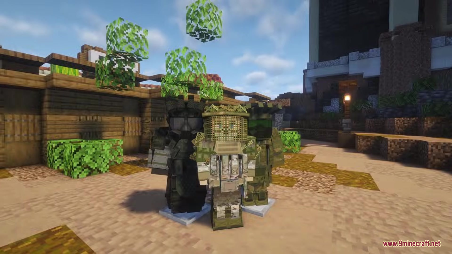 Iv Mts P Wic Project World In Conflict Mod (26.1.2, 1.20.1) 11 Three military uniforms displayed on armor stands in a minecraft village