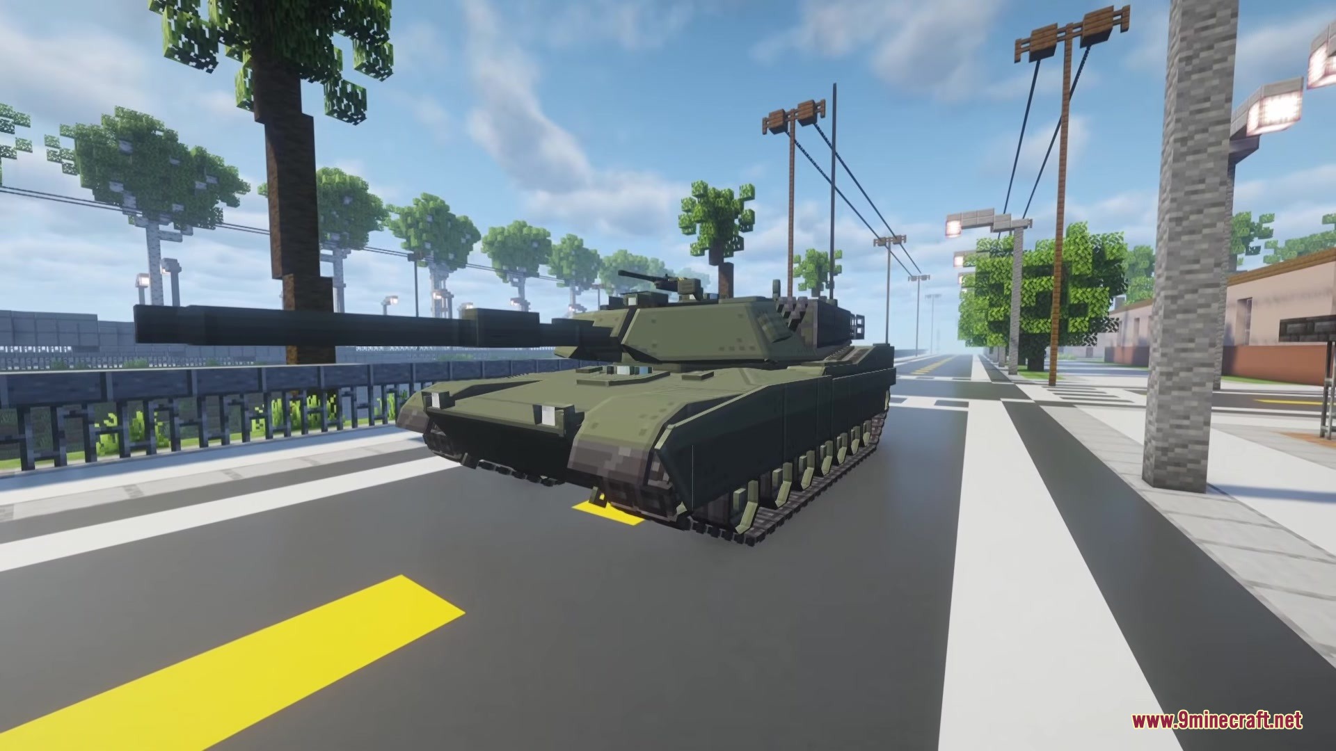 Iv Mts P Wic Project World In Conflict Mod (26.1.2, 1.20.1) 8 A green military tank parked on a paved city street in minecraft