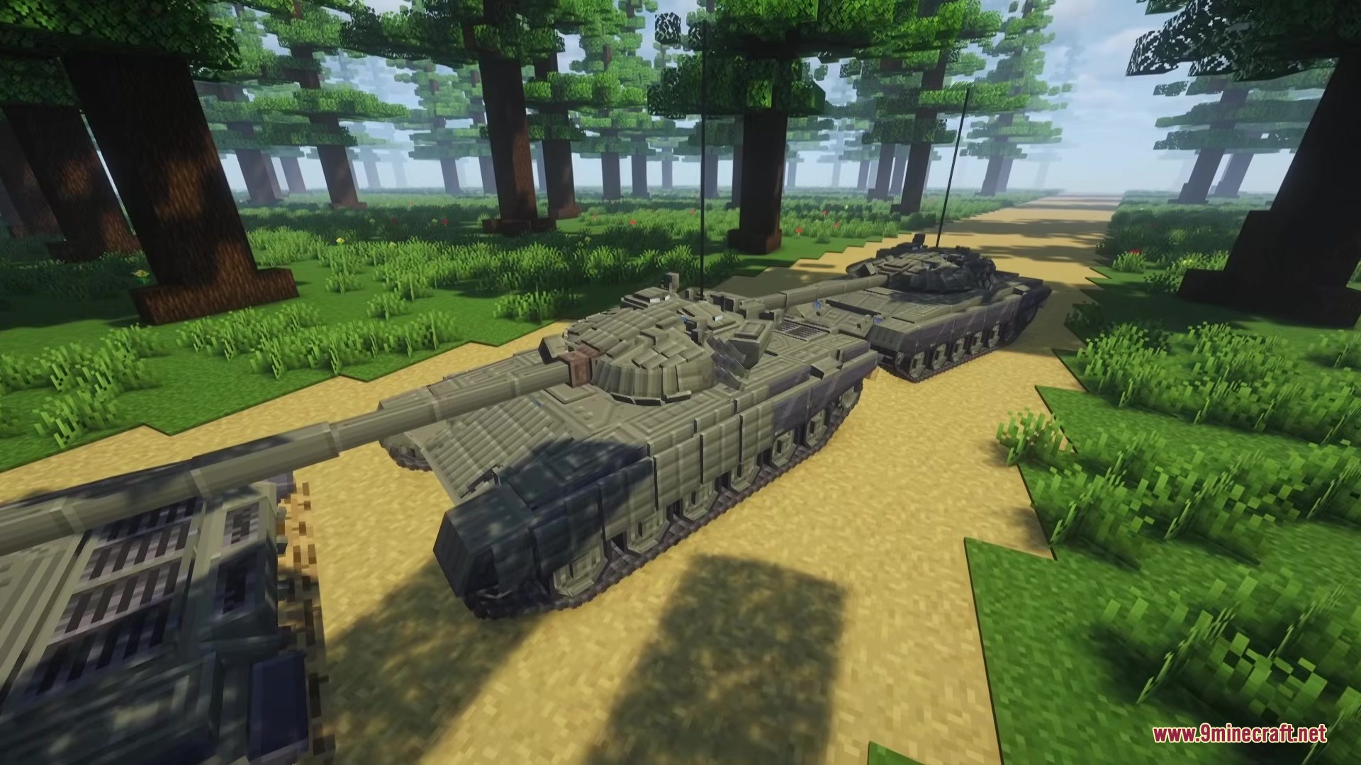 Iv Mts P Wic Project World In Conflict Mod (26.1.2, 1.20.1) 9 Several military tanks driving along a dirt path through a minecraft forest