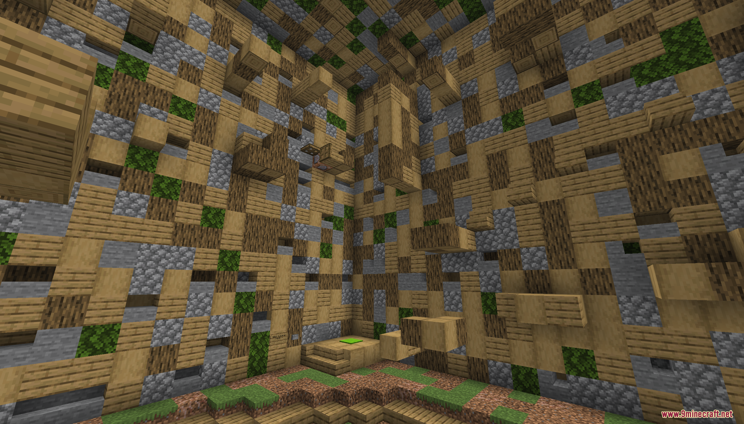 A complex parkour course inside a room featuring wooden blocks and green leaves