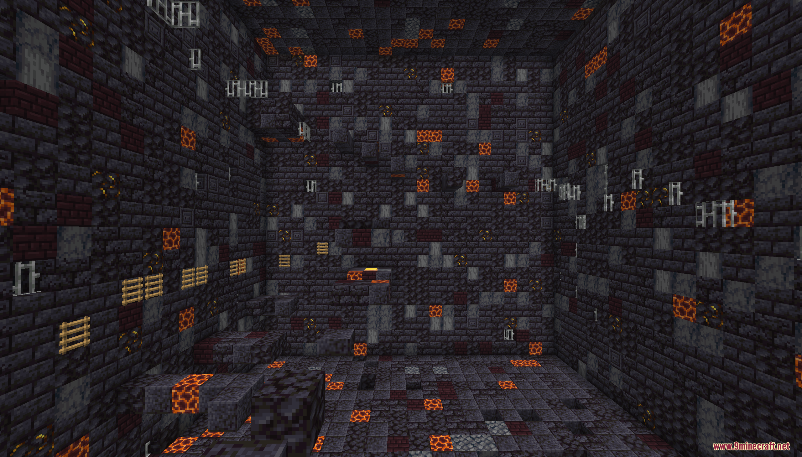 A dark parkour level built with blackstone walls and glowing magma blocks