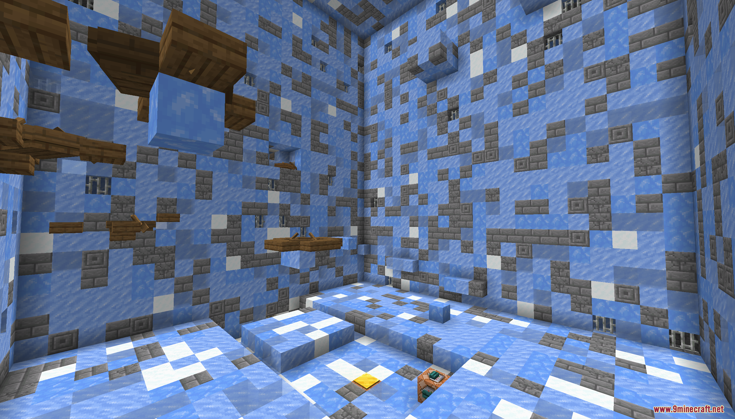 Icy parkour room with blue ice walls and wooden trapdoor jumping platforms