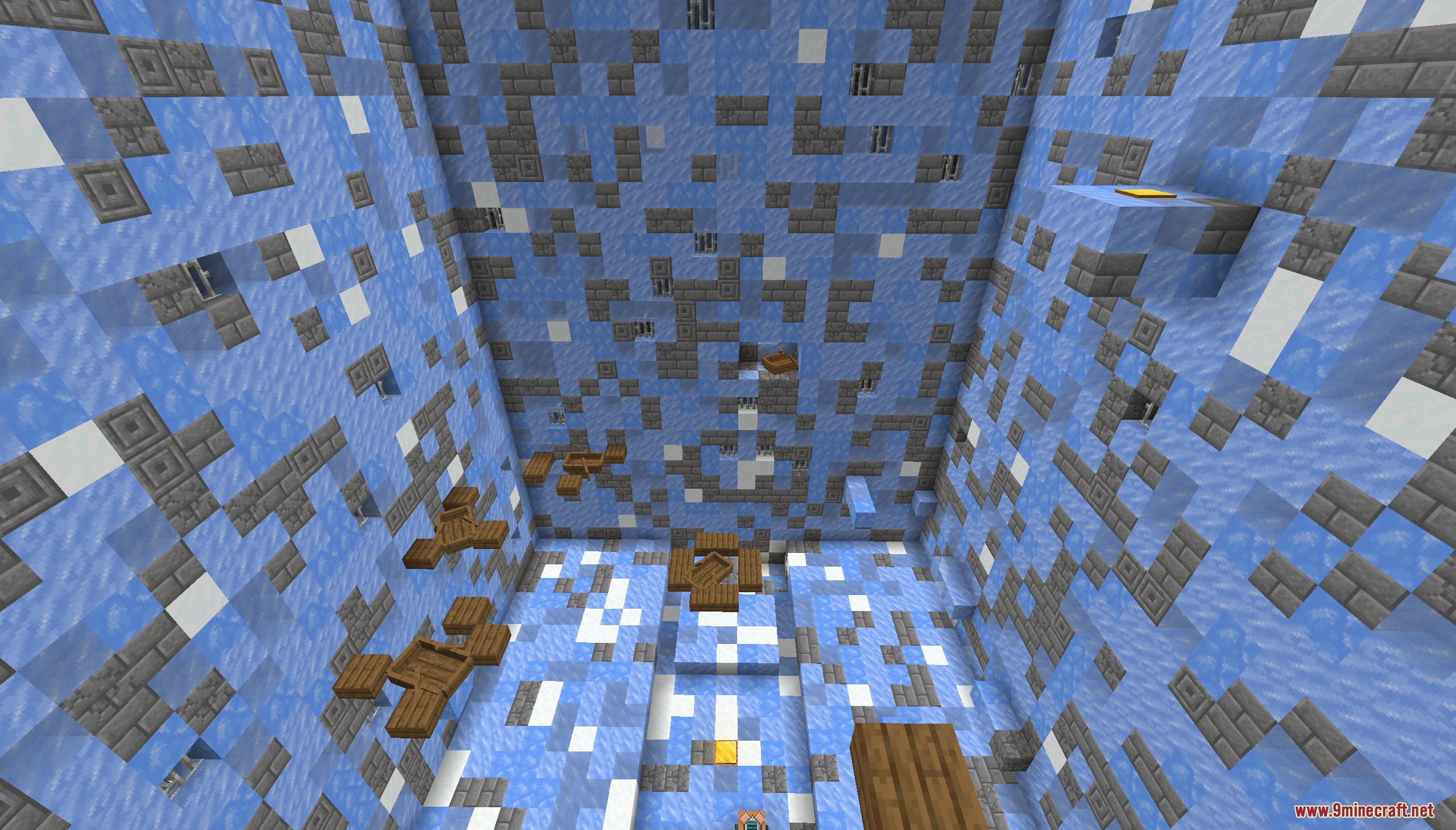 Vertical ice tower level with wooden trapdoor platforms in infinite tower parkour map