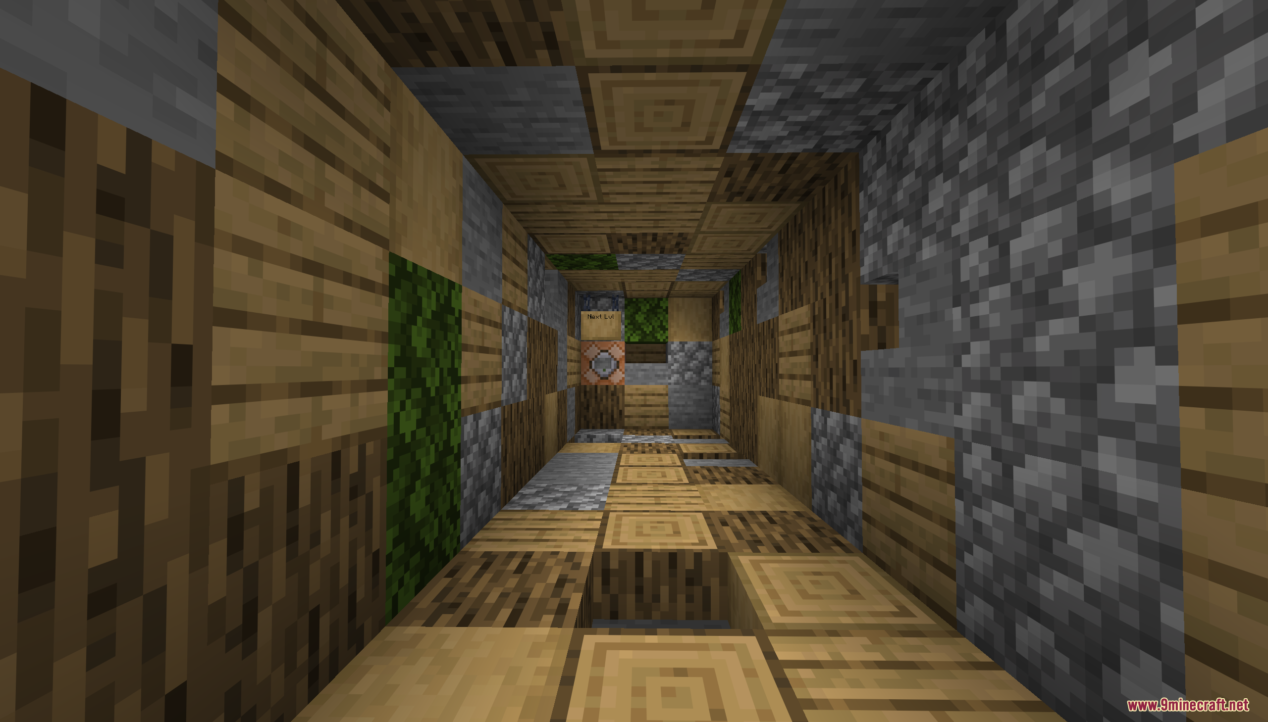 Narrow tunnel built with mixed wood and stone blocks leading to a command block