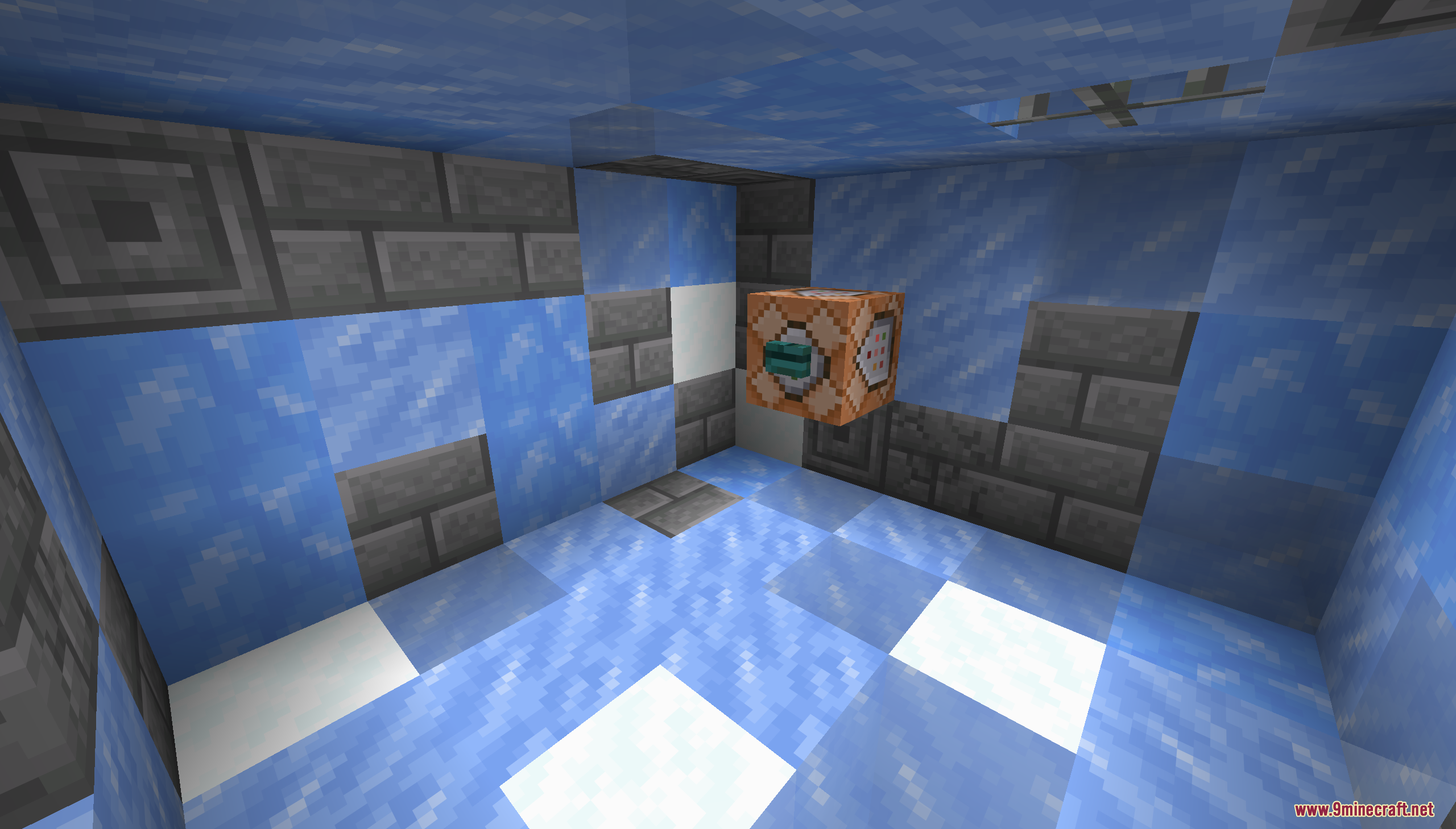 A command block with a button floating inside an icy stone brick room