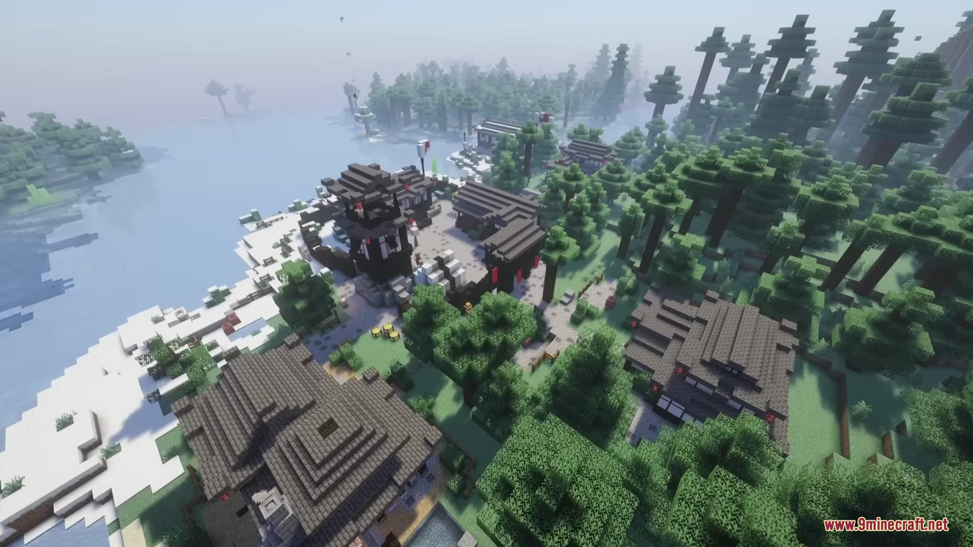 Jaam’s Weaponry Mod (1.20.1) – Master New Fighting Styles Against Armed Enemies 2 Aerial view of a japanese village located between a snowy forest and the water