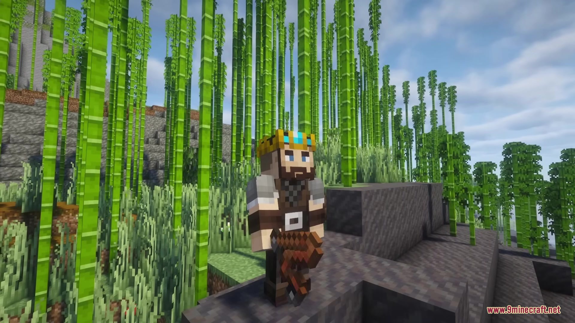 Jaam’s Weaponry Mod (1.20.1) – Master New Fighting Styles Against Armed Enemies 3 Crowned player character holds a unique weapon from jaams weaponry in bamboo forest
