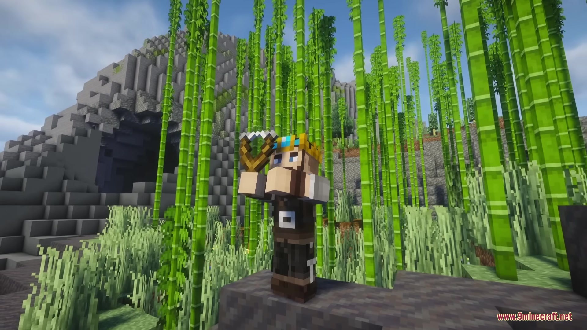 Jaam’s Weaponry Mod (1.20.1) – Master New Fighting Styles Against Armed Enemies 4 A minecraft character aims a slingshot while standing in a dense bamboo forest