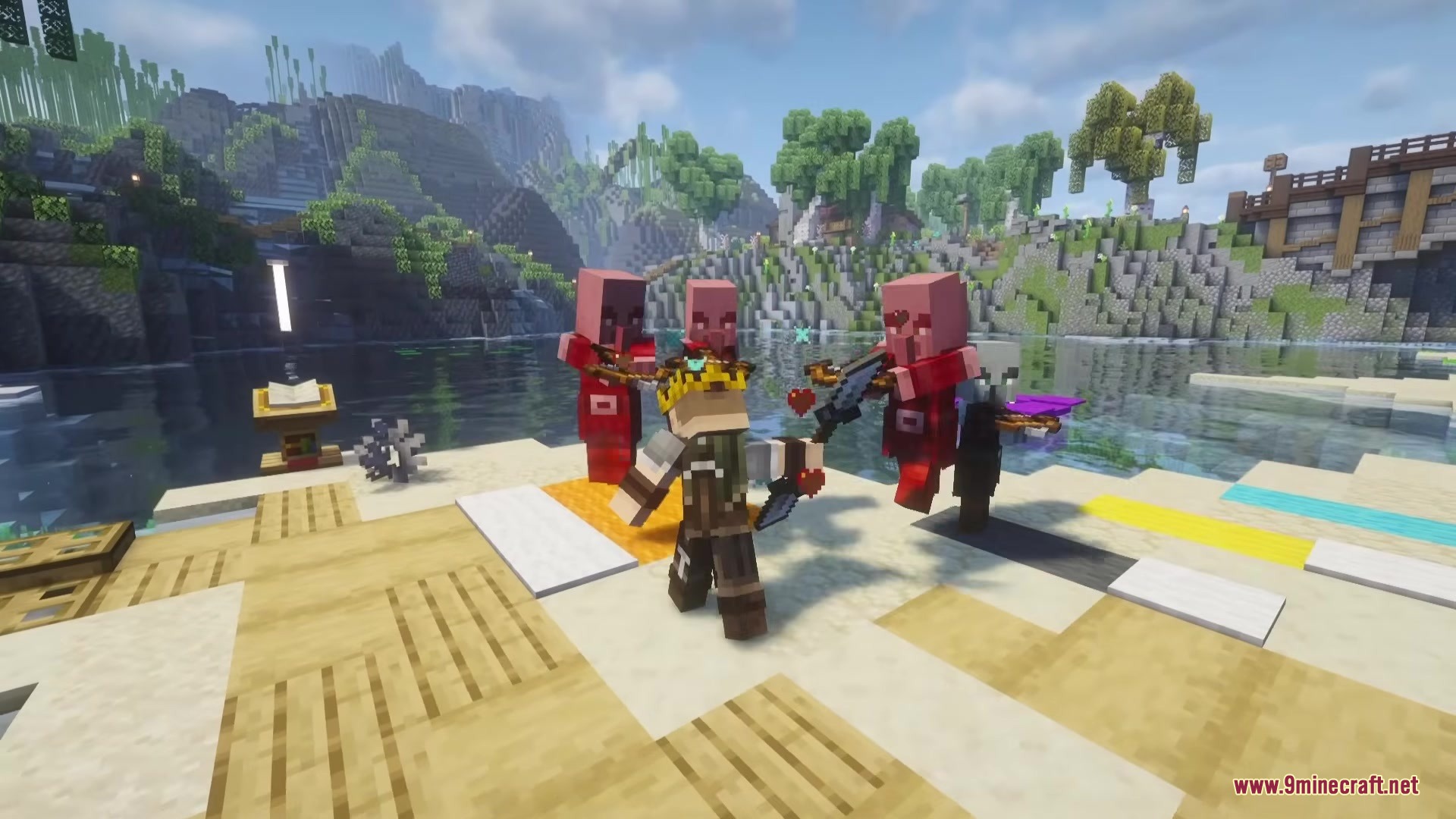 Jaam’s Weaponry Mod (1.20.1) – Master New Fighting Styles Against Armed Enemies 7 The player battles hostile mobs using a new weapon near the water