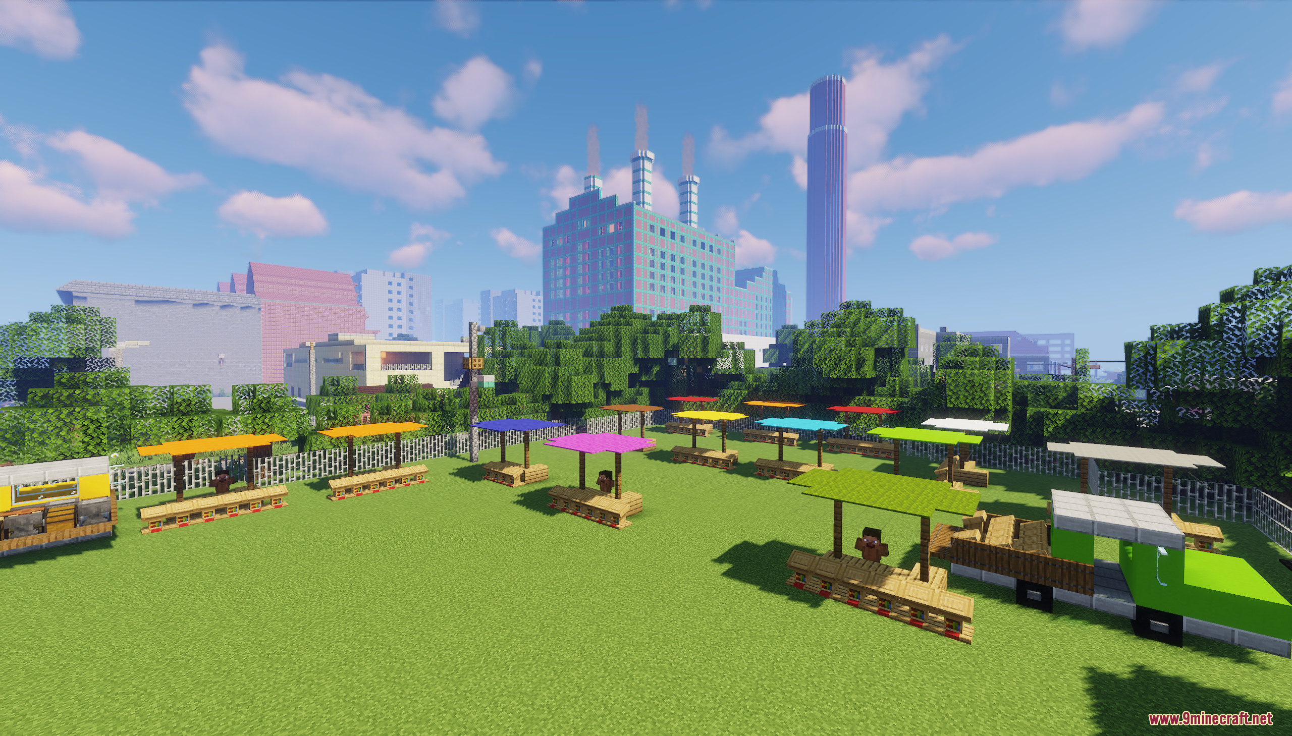 Jaworowiec City 1988 Map (26.2, 1.20.1) – Eastern European Town 6 Colorful market stalls on a grassy field with a city skyline behind