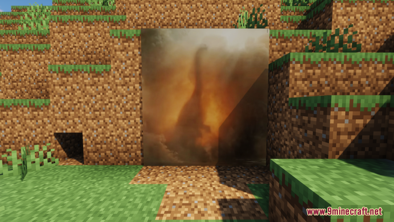 Large minecraft painting showing a brachiosaurus silhouette in a dusty landscape