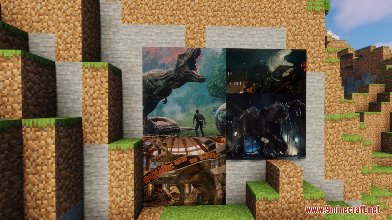 Vanilla minecraft paintings are replaced with famous scenes from the jurassic movies