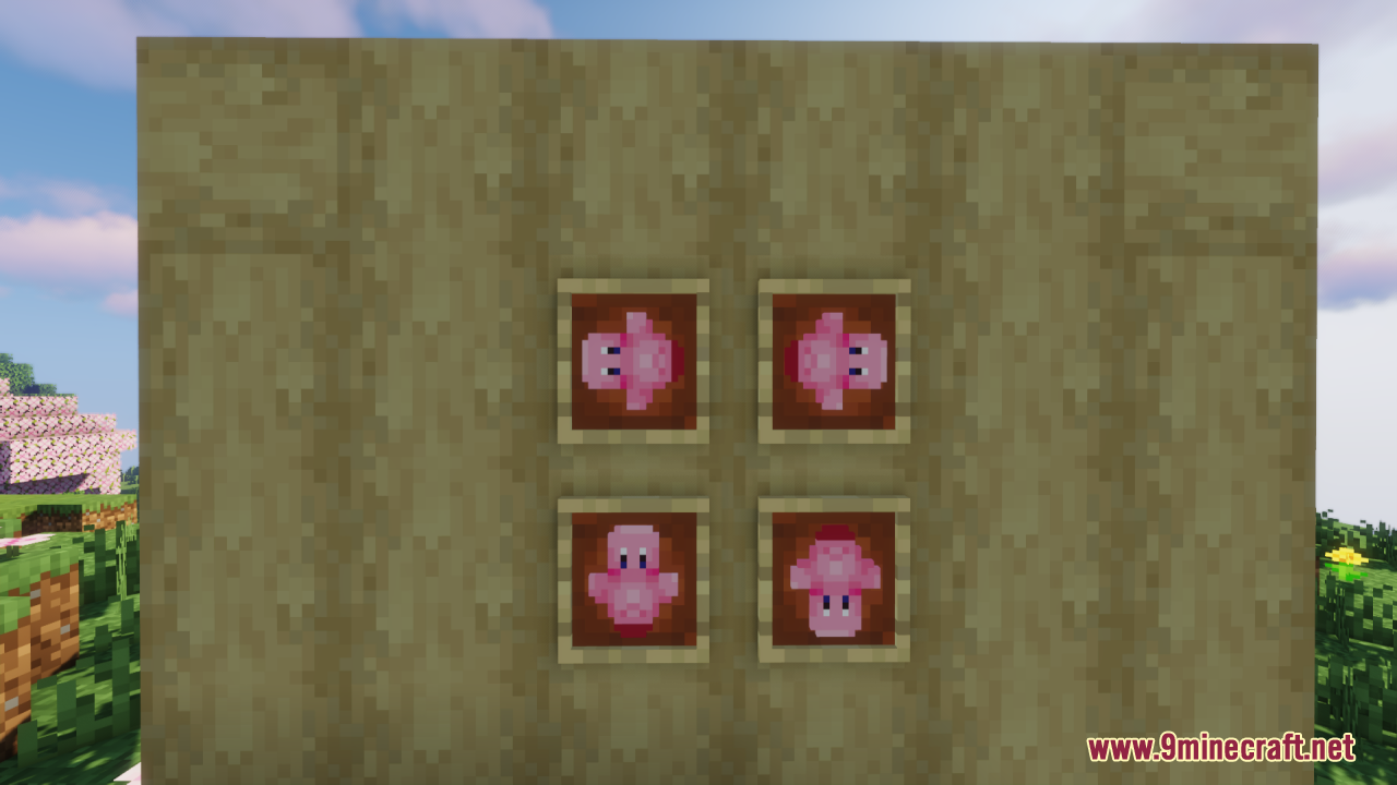 Kirby Totem Of Undying Resource Pack (1.21.11, 1.21.1) – Lovely Figure Into Your Game 2 Four pink kirby items displayed in item frames on a wooden wall