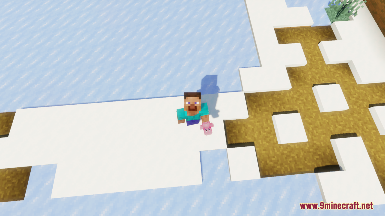 Kirby Totem Of Undying Resource Pack (1.21.11, 1.21.1) – Lovely Figure Into Your Game 11 Top down view of steve holding a small pink kirby figure on snow