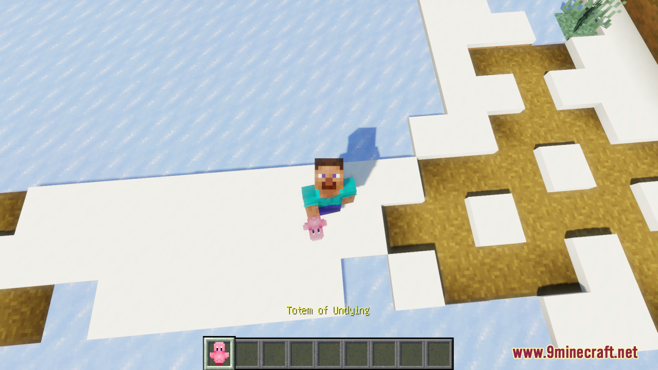Kirby Totem Of Undying Resource Pack (1.21.11, 1.21.1) – Lovely Figure Into Your Game 12 A minecraft player holding a pink kirby totem while standing on the snow