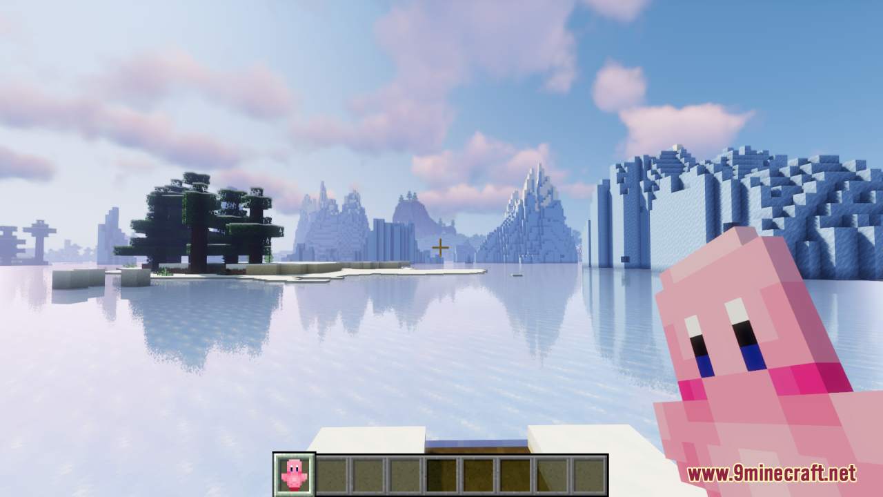 Kirby Totem Of Undying Resource Pack (1.21.11, 1.21.1) – Lovely Figure Into Your Game 13 First person view of a pink kirby totem held in an icy biome