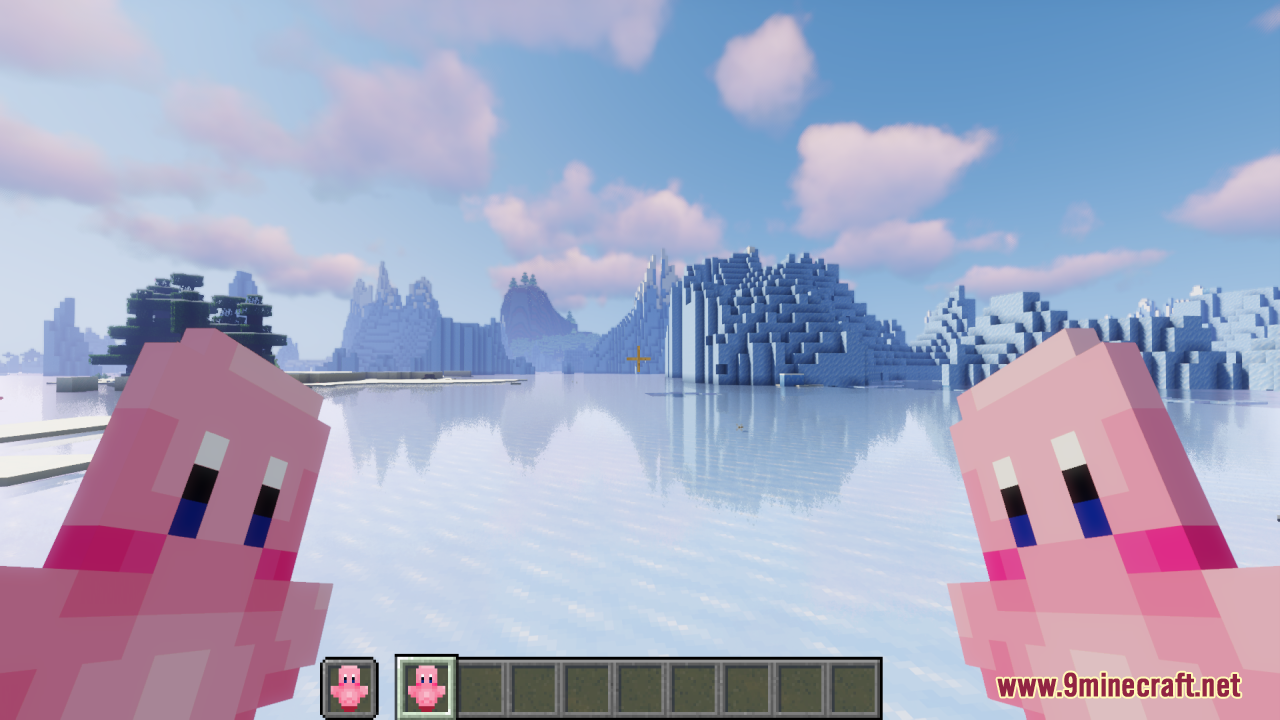 Kirby Totem Of Undying Resource Pack (1.21.11, 1.21.1) – Lovely Figure Into Your Game 7 Player holding two pink kirby totems of undying while standing in a frozen biome
