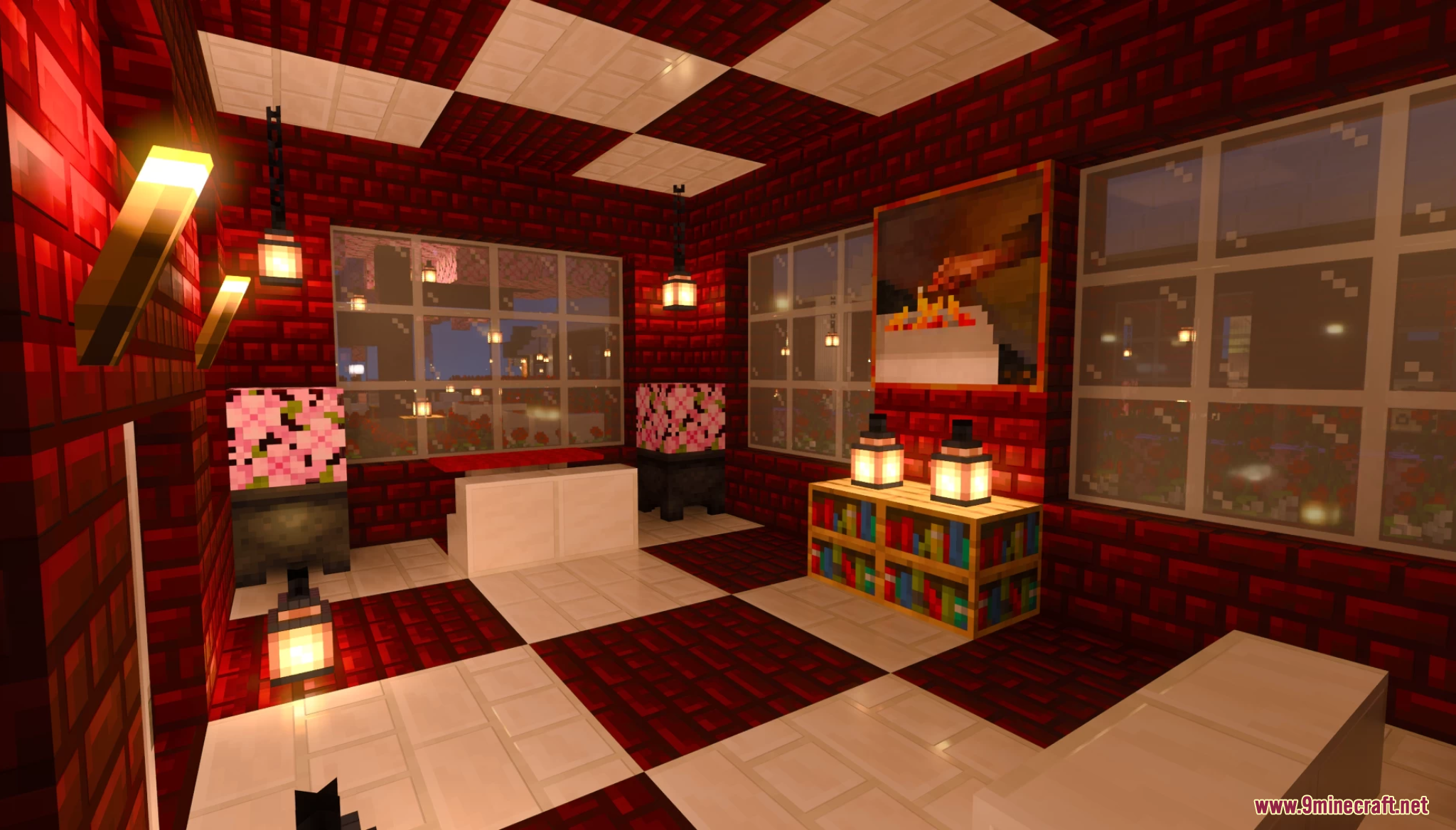 Lake Towen Map (26.2, 1.20.1) – Cherry Blossom Town 3 Cozy interior of a red brick house with bookshelves and checkered flooring