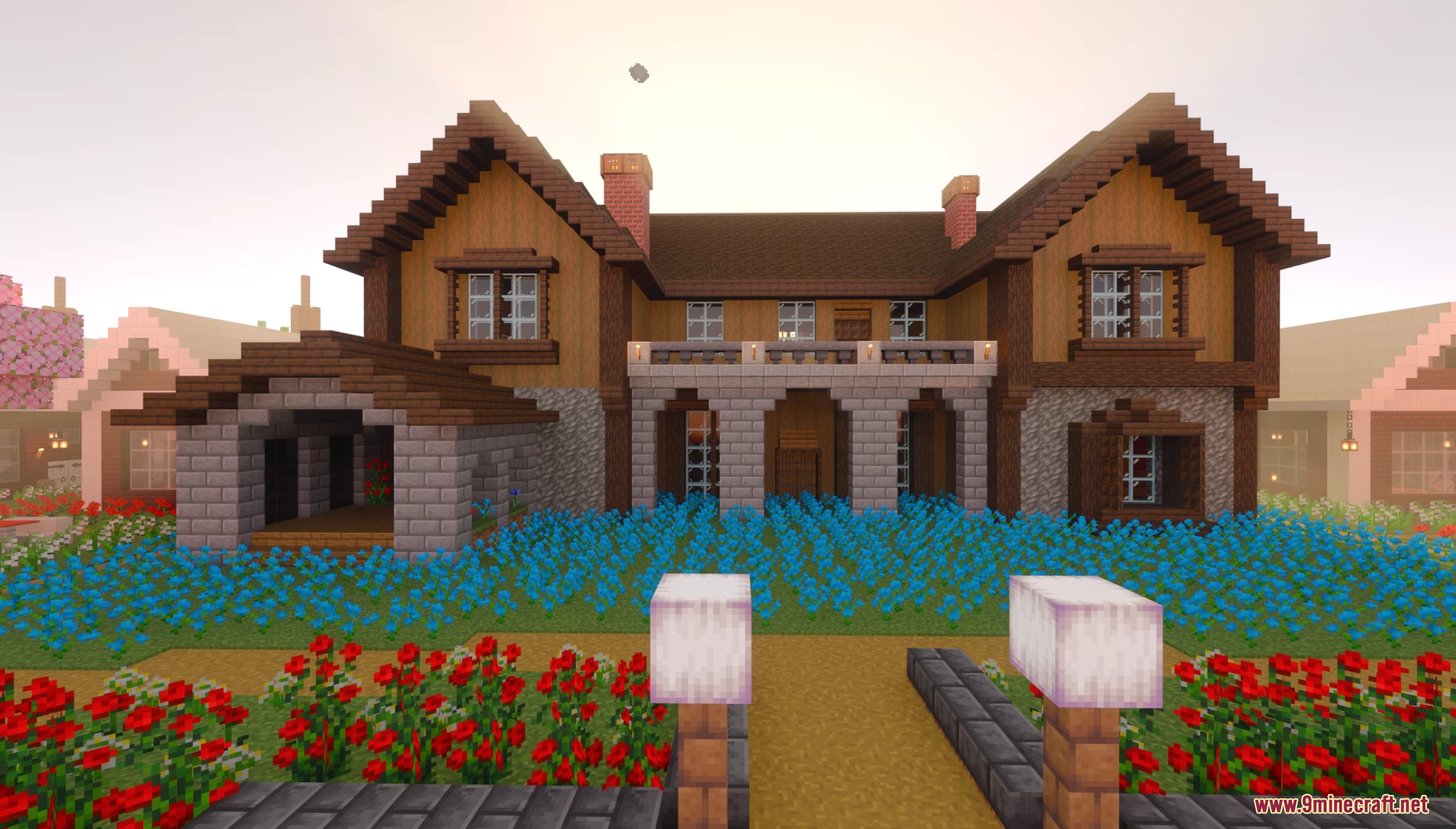 Lake Towen Map (26.2, 1.20.1) – Cherry Blossom Town 4 Large wooden house surrounded by blue and red flowers in lake towen map