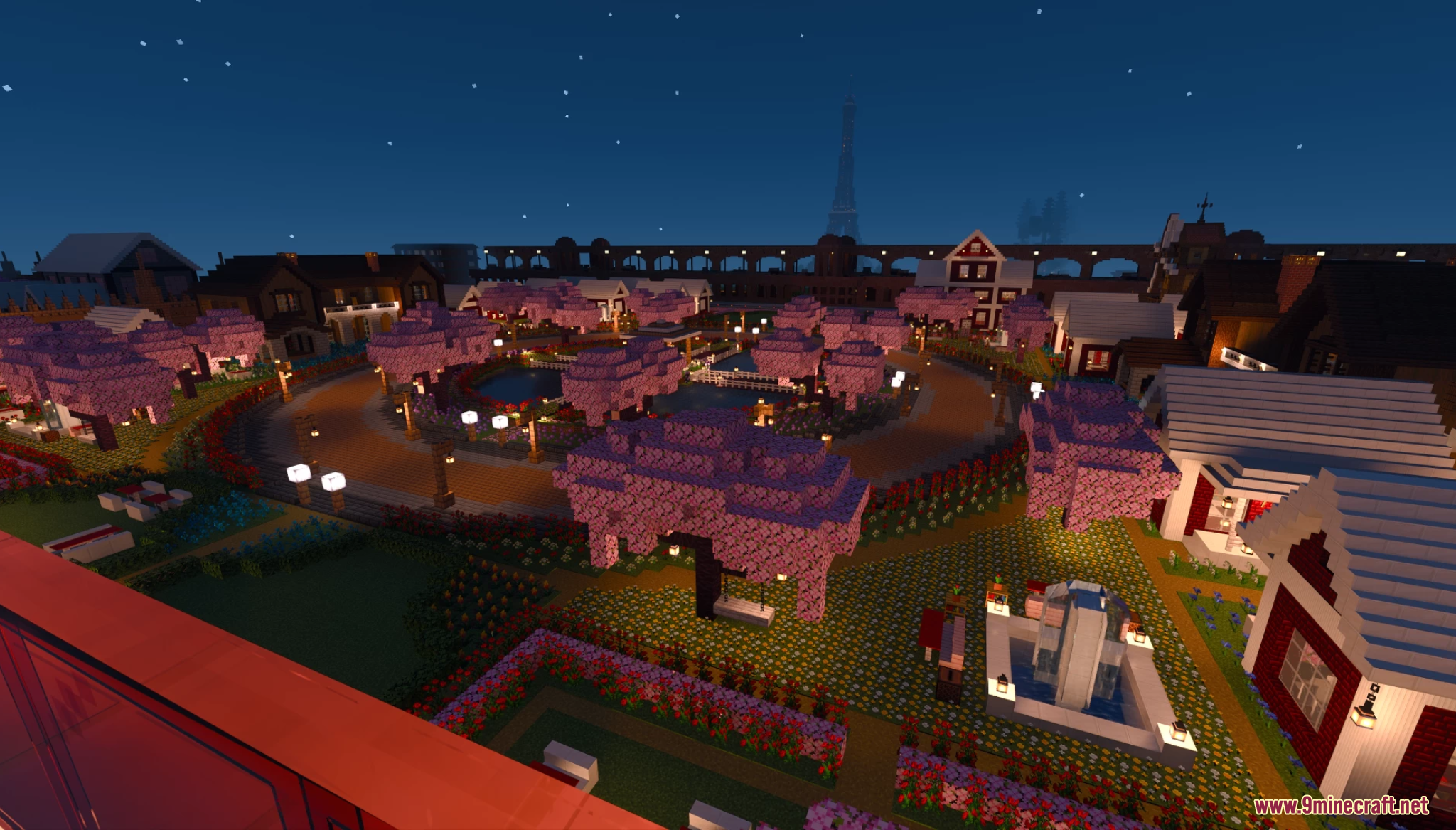 Lake Towen Map (26.2, 1.20.1) – Cherry Blossom Town 7 Aerial view of a town at night with cherry blossom trees and fountains