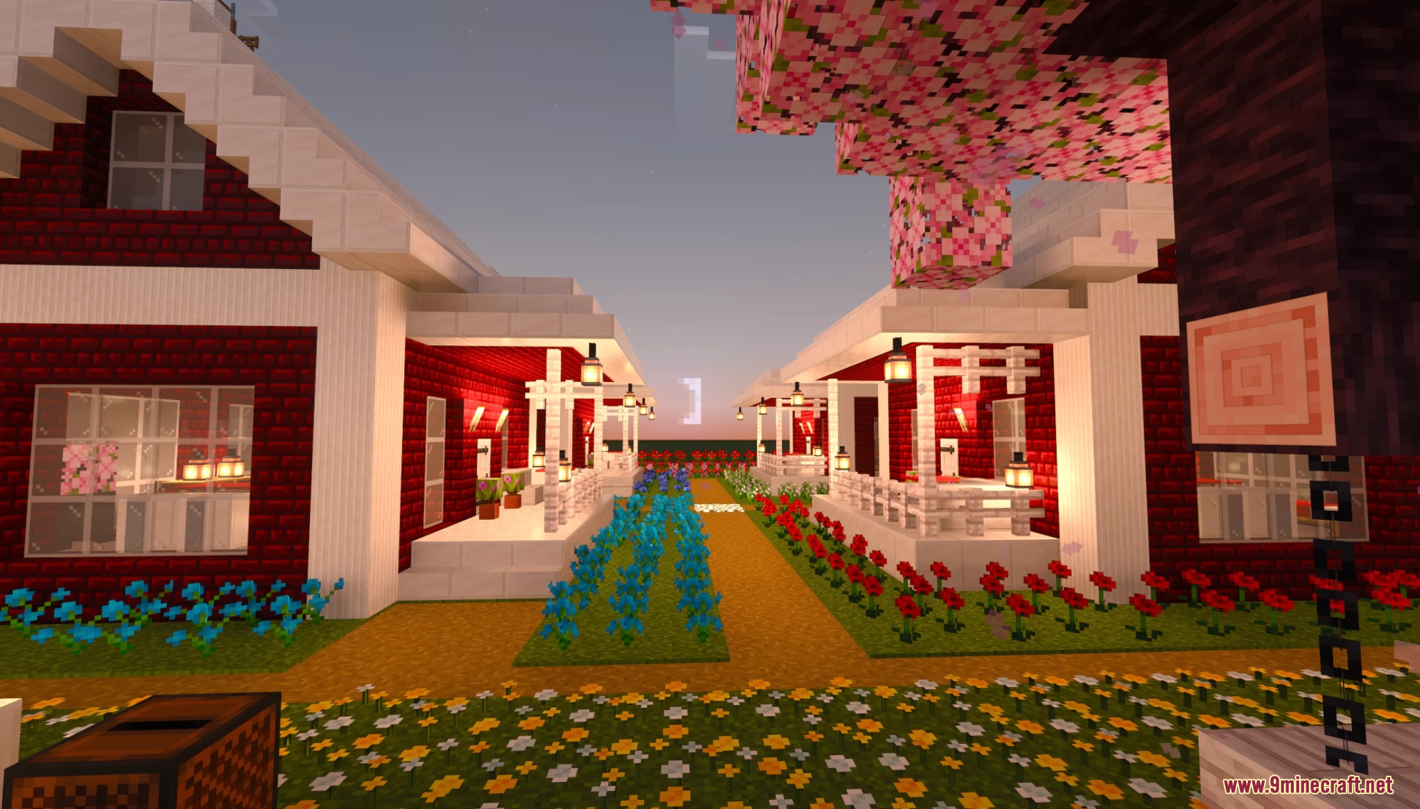 Lake Towen Map (26.2, 1.20.1) – Cherry Blossom Town 9 Red houses with white porches and colorful flower gardens along the path