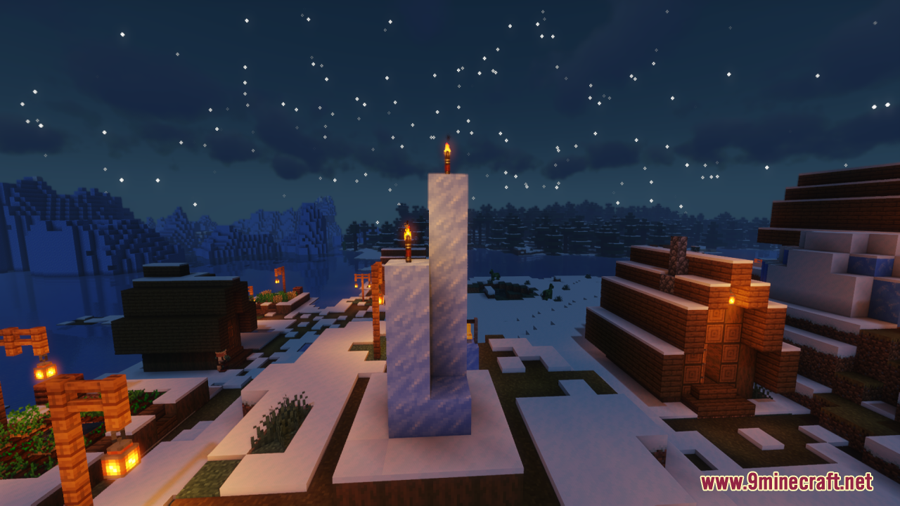 Lz Rustic Torch Resource Pack (1.21.11, 1.21.1) – Old-School Rustic Charm 9 Rustic 3d torches placed on ice pillars in a snowy village night