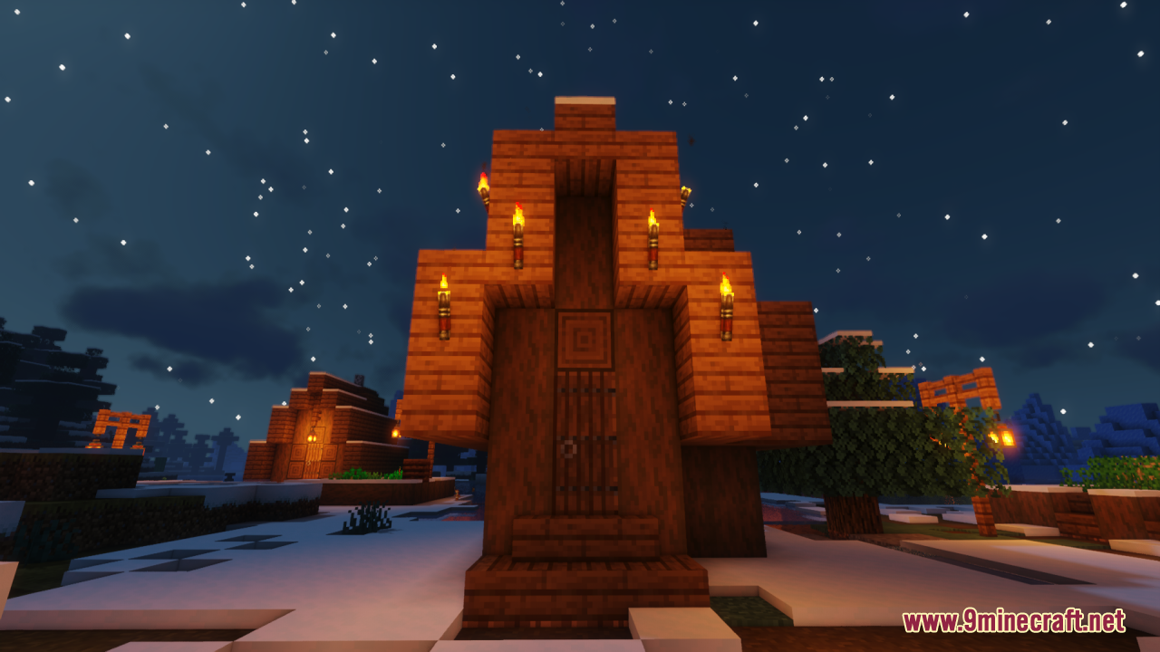 Lz Rustic Torch Resource Pack (1.21.11, 1.21.1) – Old-School Rustic Charm 10 A wooden building at night featuring lz rustic torch on the exterior walls