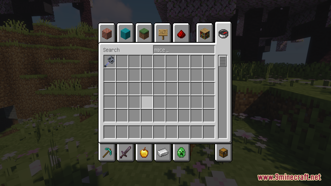 The creative inventory screen showing the custom 3d mace item model