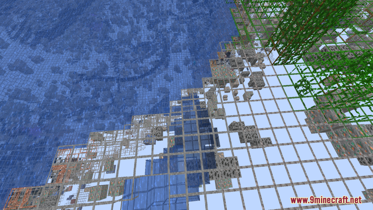 Mahi’s X-Ray Resource Pack (26.2, 1.20.1) – Clear Wireframe Outlines 13 Various ores visible through a grid of transparent blocks near the water