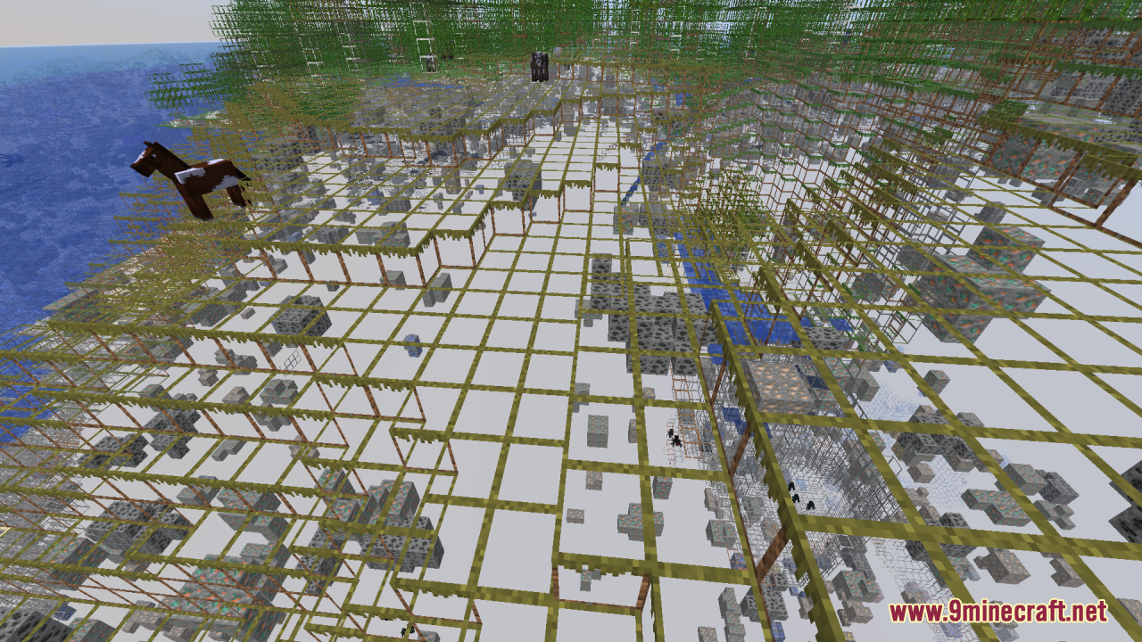 Mahi’s X-Ray Resource Pack (26.2, 1.20.1) – Clear Wireframe Outlines 8 A horse stands on transparent wireframe terrain revealing hidden ores and caves