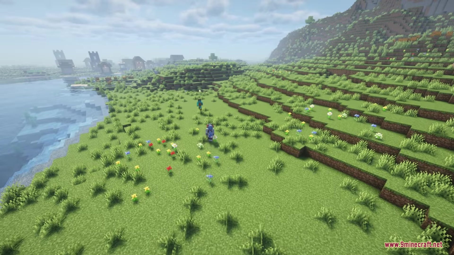 Migamigos Mod (1.20.1) – Recruit Anime And Game Companions To Fight By Your Side 2 Two companions walking through a flowery meadow next to a calm river