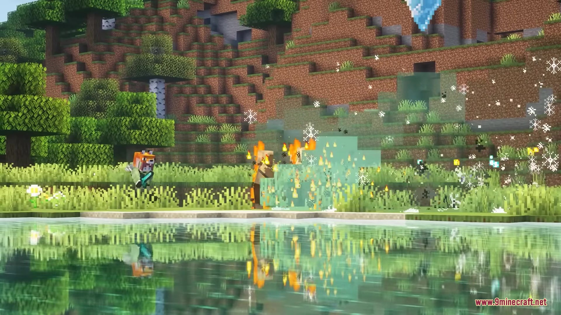 Migamigos Mod (1.20.1) – Recruit Anime And Game Companions To Fight By Your Side 4 A companion character uses magical fire and ice attacks near a scenic lake