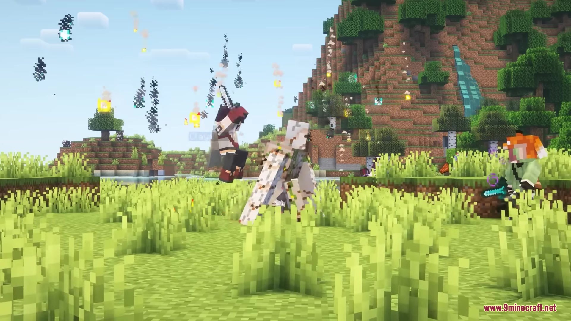 Migamigos Mod (1.20.1) – Recruit Anime And Game Companions To Fight By Your Side 5 A warrior companion performs a jumping attack during combat in a grassy field