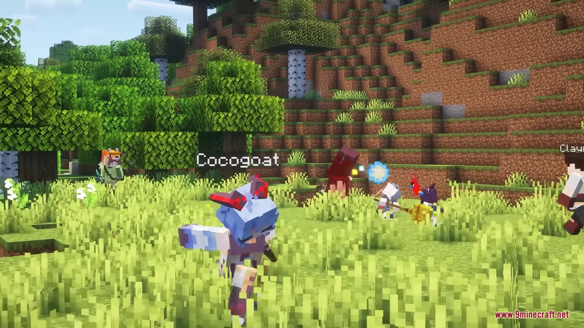 Migamigos Mod (1.20.1) – Recruit Anime And Game Companions To Fight By Your Side 7 The cocogoat companion explores a lush forest biome near a steep hill