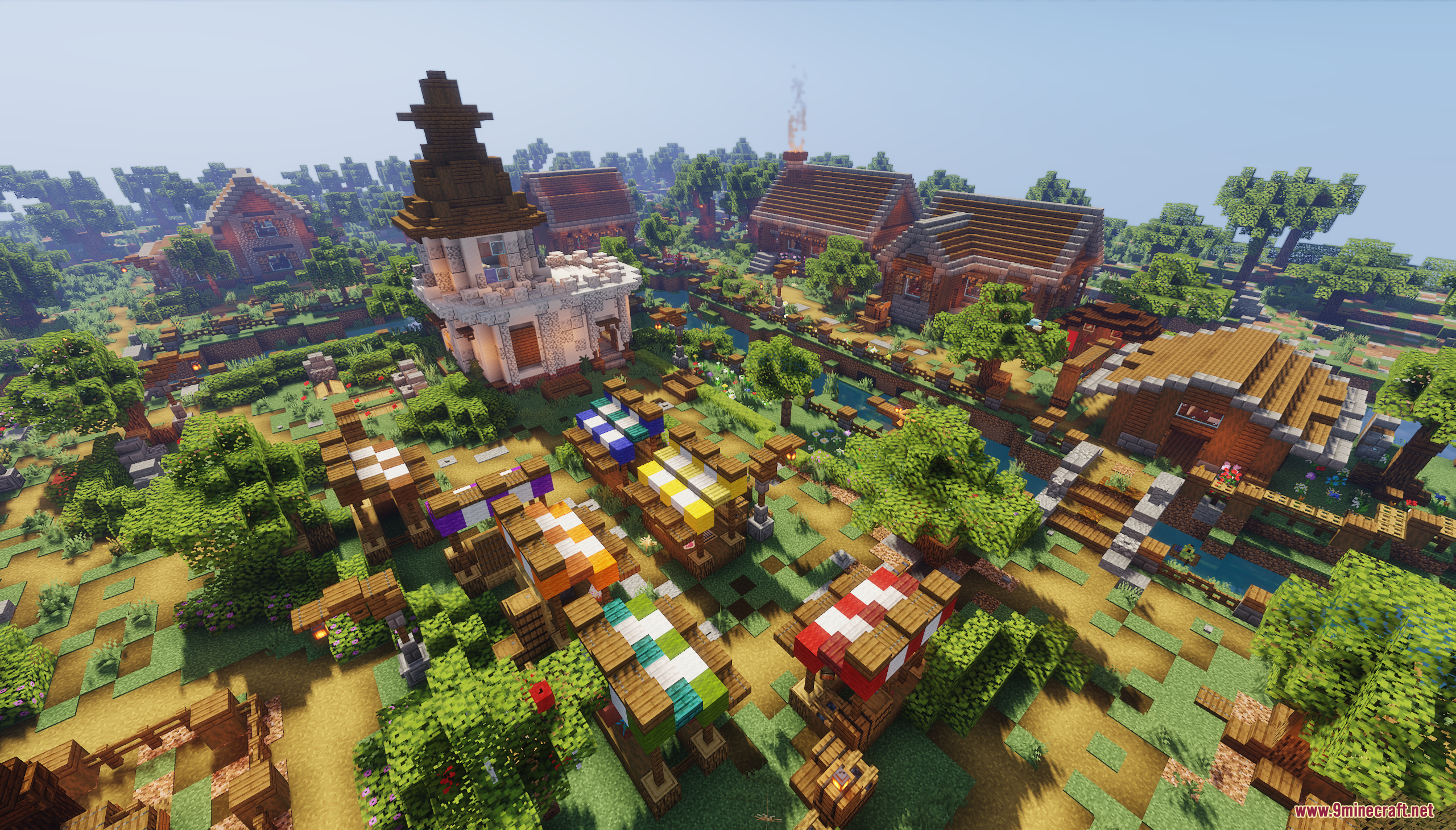 Murder Mystery: Just Village Map 26.2, 1.20.1 – Survive A Killer In A Cozy Village 3 An aerial view of a minecraft village with a market and stone tower