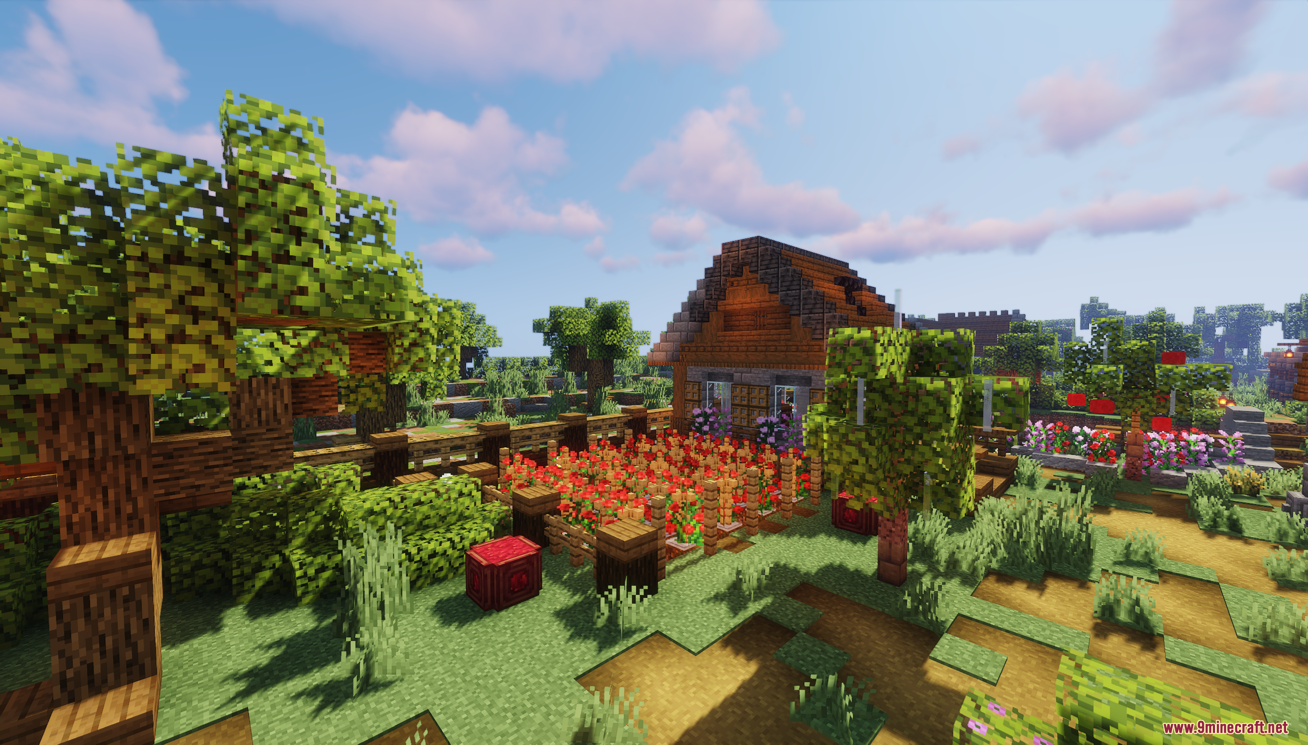 Murder Mystery: Just Village Map 26.2, 1.20.1 – Survive A Killer In A Cozy Village 4 A cozy wooden house with a red flower garden surrounded by green trees