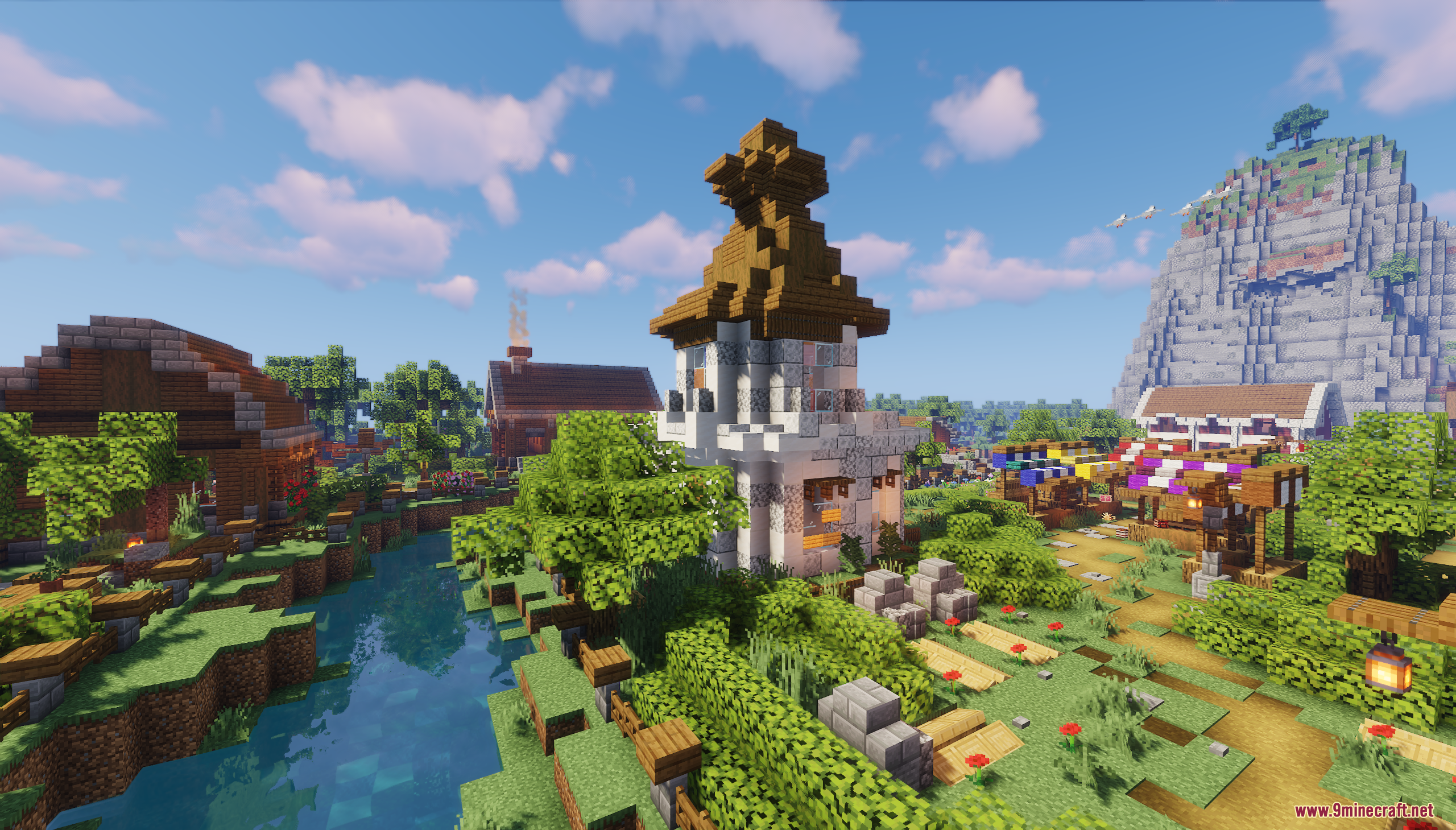 Murder Mystery: Just Village Map 26.2, 1.20.1 – Survive A Killer In A Cozy Village 6 A tall white tower overlooks a river in a cozy minecraft village