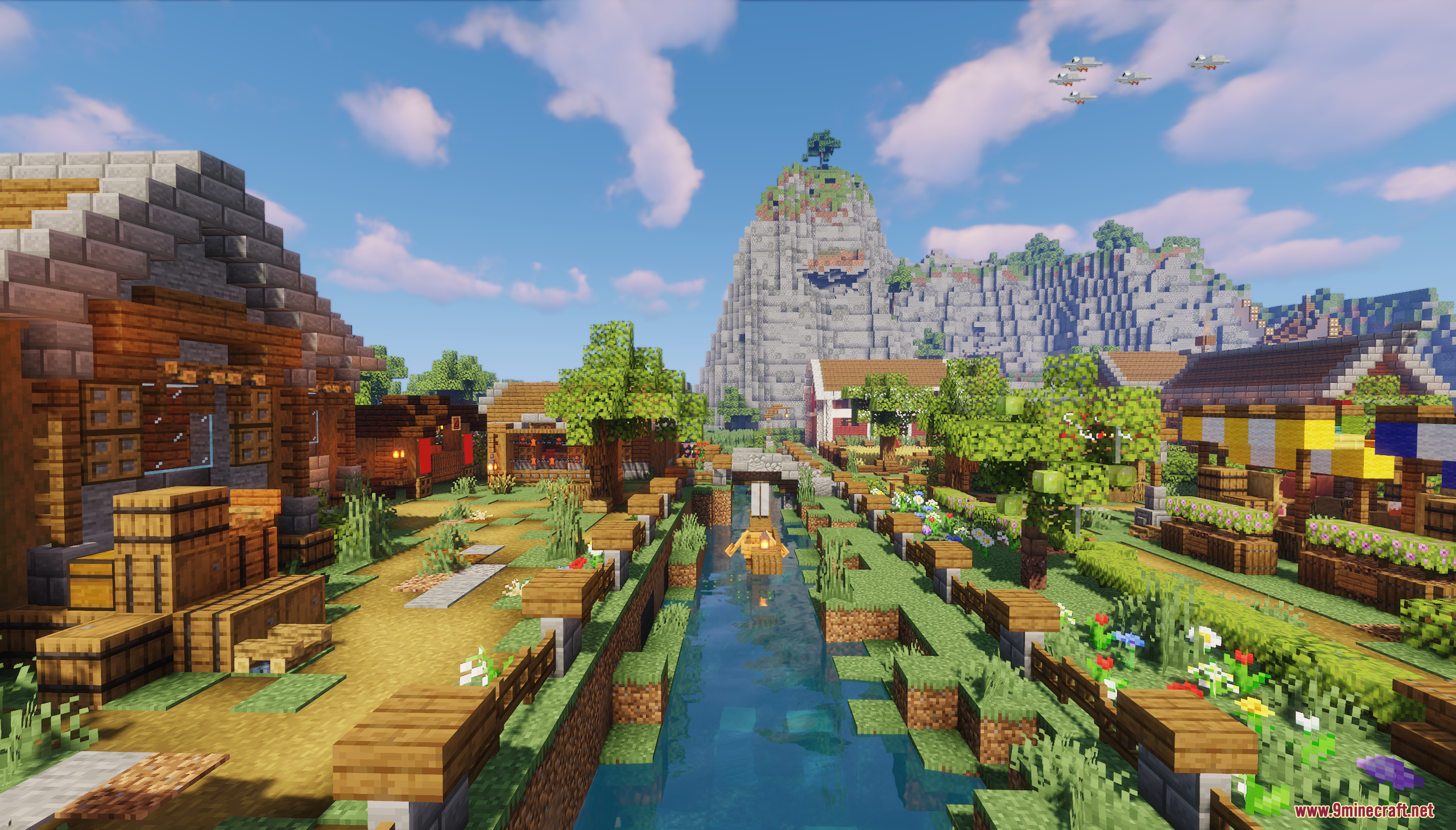 Murder Mystery: Just Village Map 26.2, 1.20.1 – Survive A Killer In A Cozy Village 8 A scenic village canal with a small boat and a mountain background