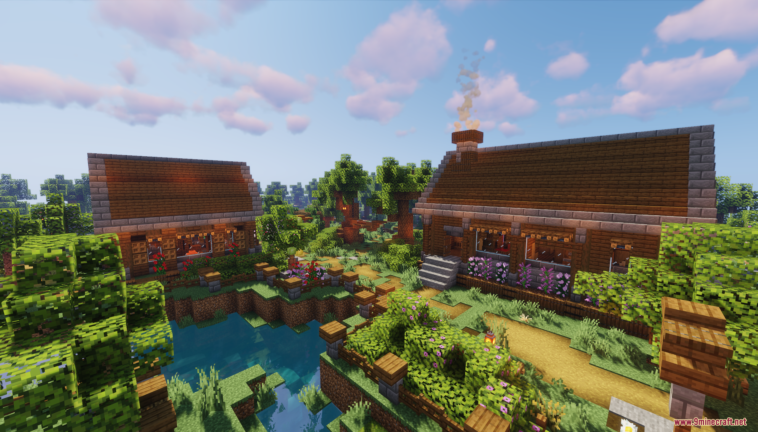 Murder Mystery: Just Village Map 26.2, 1.20.1 – Survive A Killer In A Cozy Village 9 Cozy wooden houses with smoking chimneys next to a small garden pond