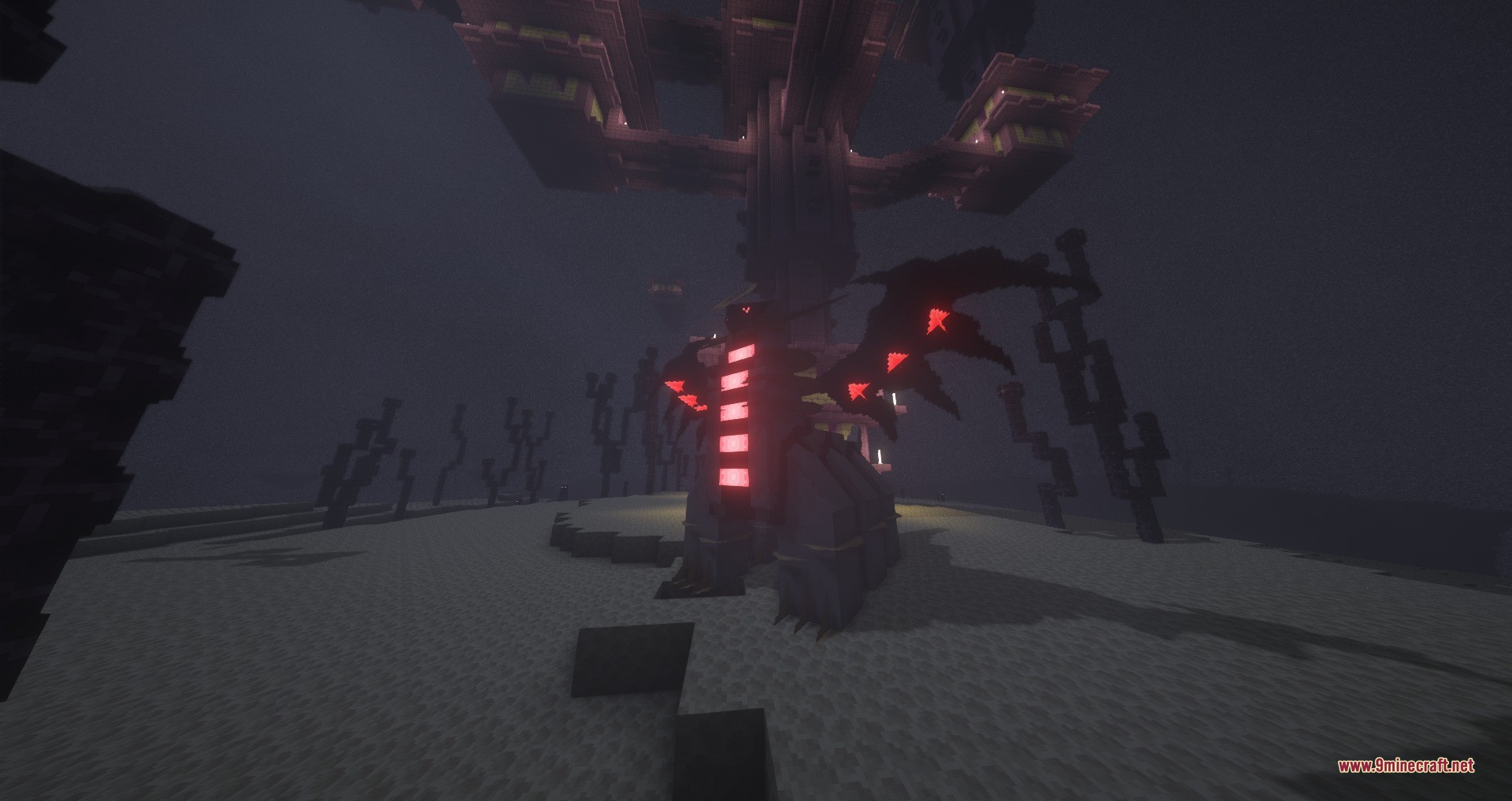 Giratina stands in front of an end city structure in the dark dimension