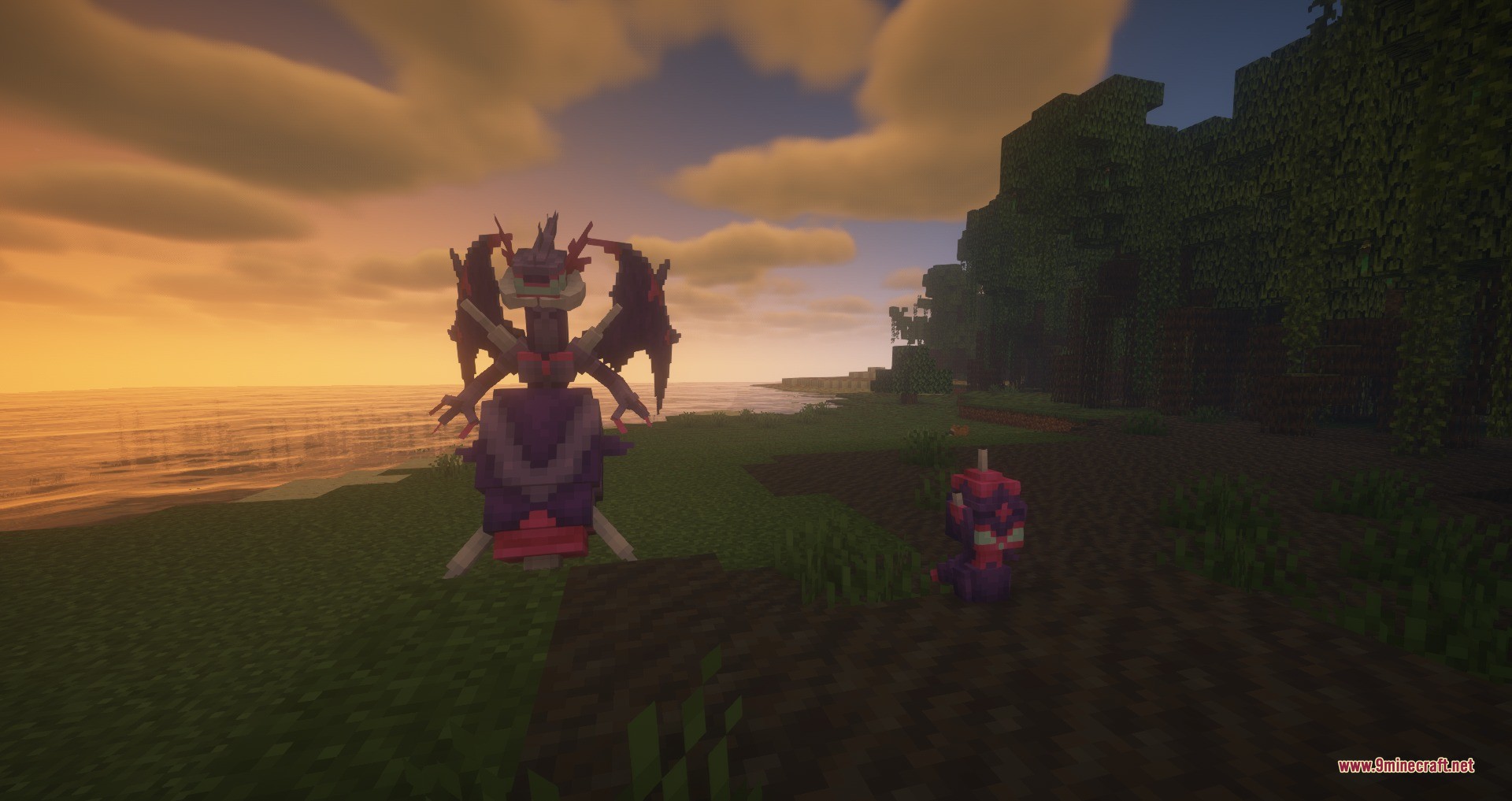 Two purple creatures stand on a beach at sunset near a forest