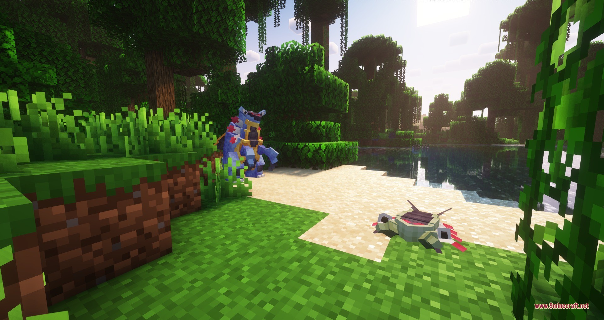 Feraligatr and another creature explore a bright jungle biome near the water edge