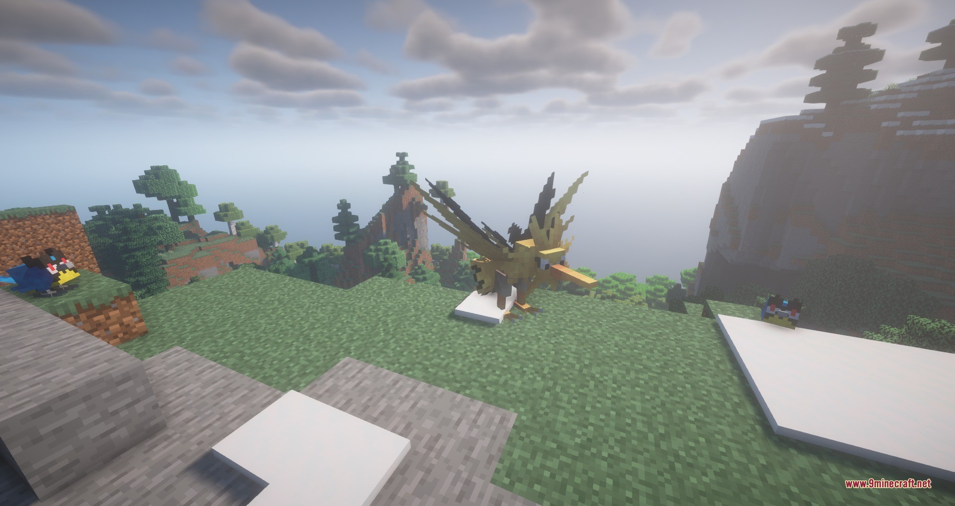 Zapdos stands on a snowy plateau surrounded by trees and small birds