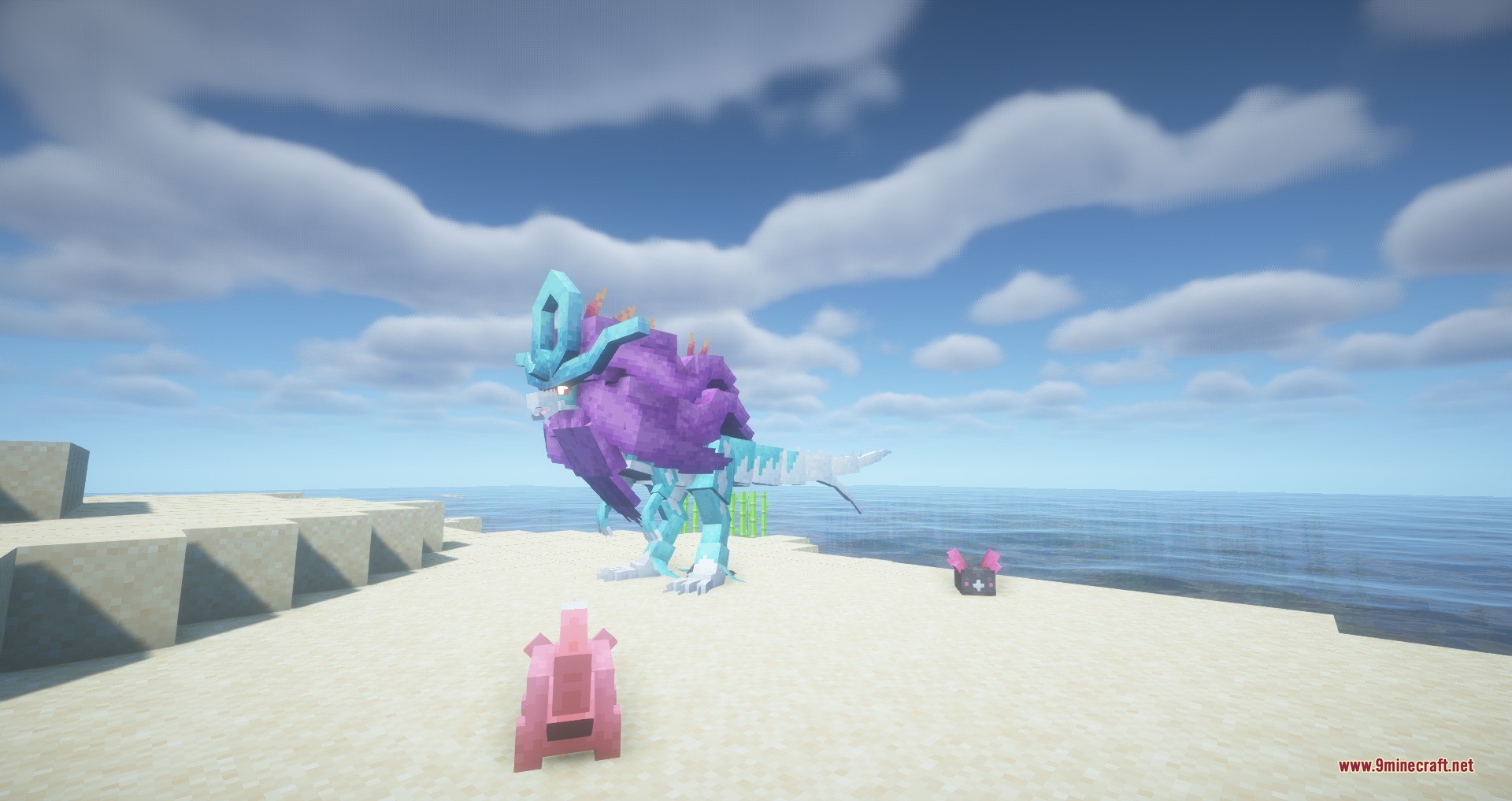Walking wake stands on a sunny beach with small creatures nearby in minecraft