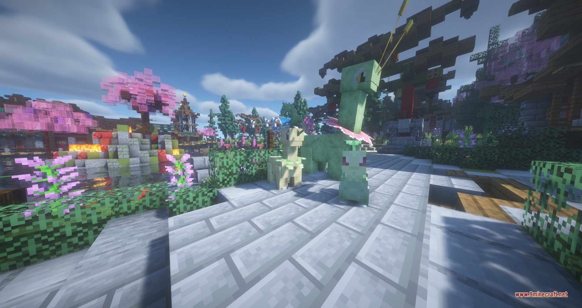 Chikorita bayleef and meganium standing on a stone path near cherry blossom trees