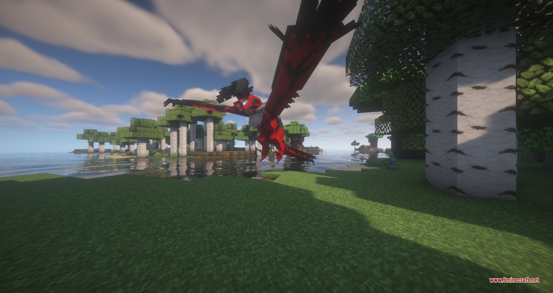 Large red legendary creature flying over a birch forest near the water